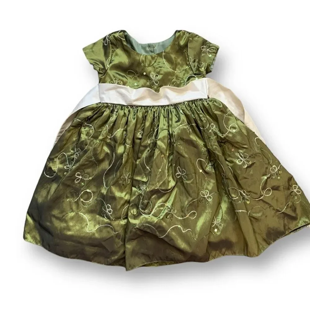 Sweet Pea & Lilli Dress‎ Green Cream Embroidered Floral Design Cream Sash